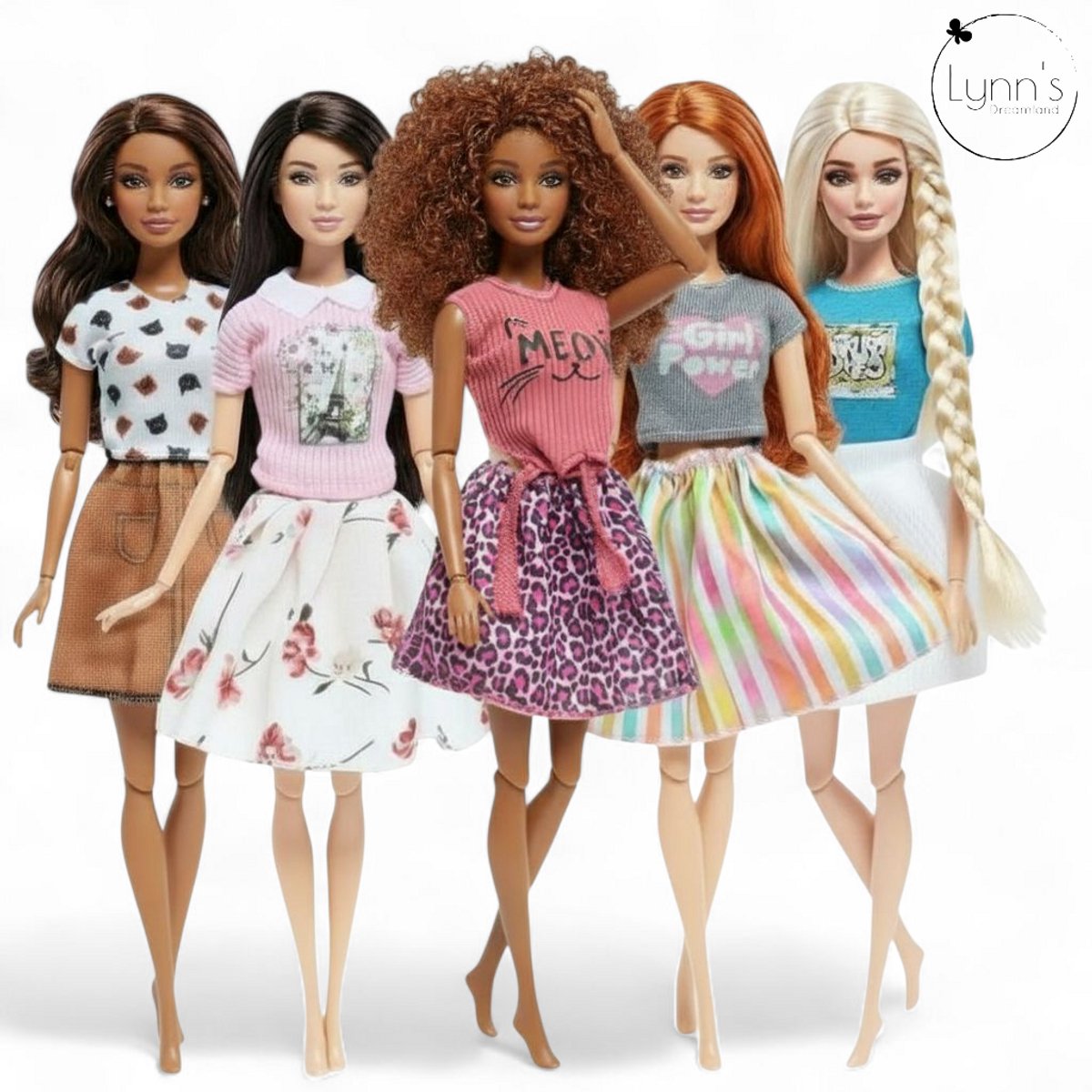 Lynn’s poppenkleertjes - Set ‘Bo’ - Geschikt voor modepop - Set van 5 outfits - Kleding voor modepoppen - Cadeauzakje